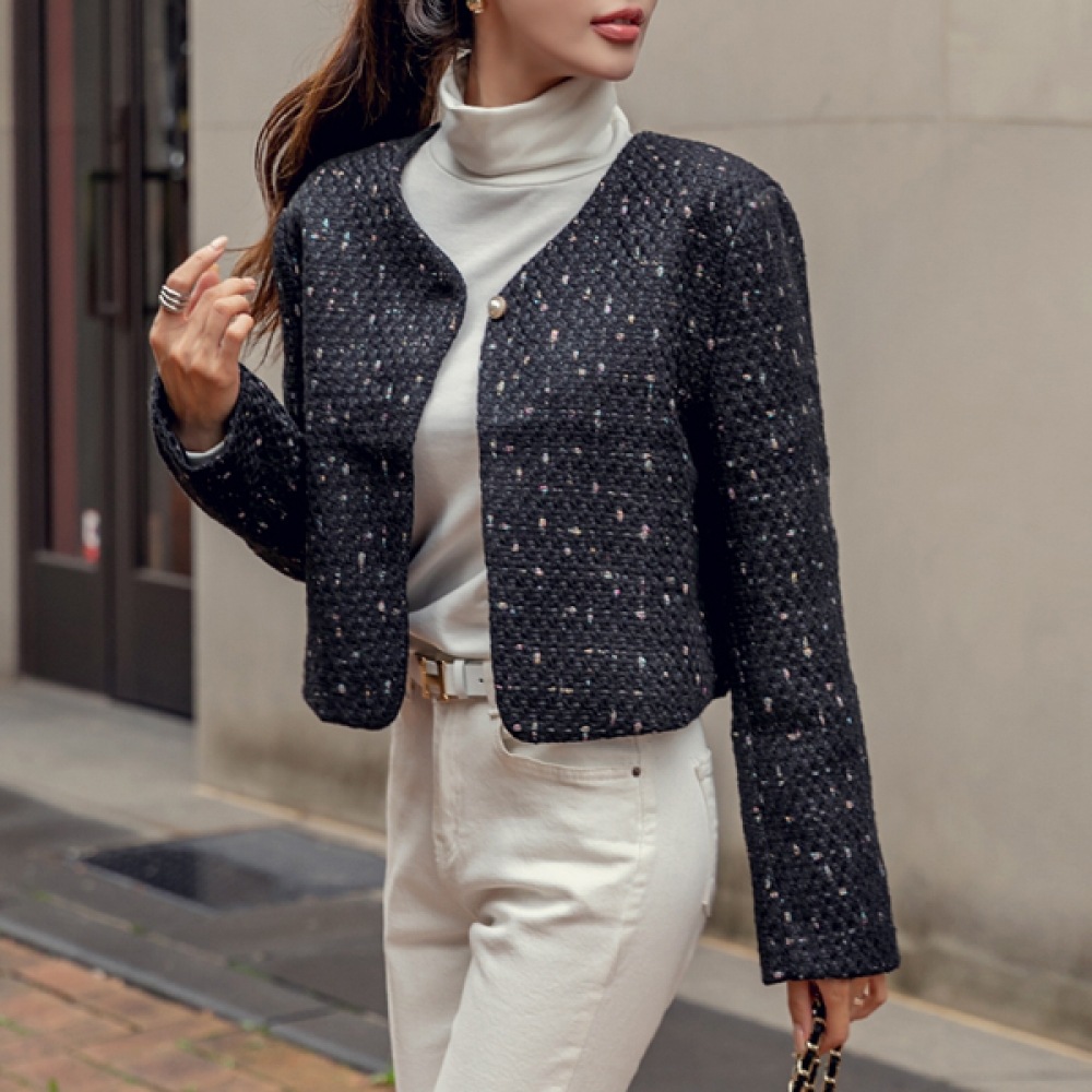 (NAK21) ヘラワンボタンノーカラーツイードショートジャケット NK33-J-2