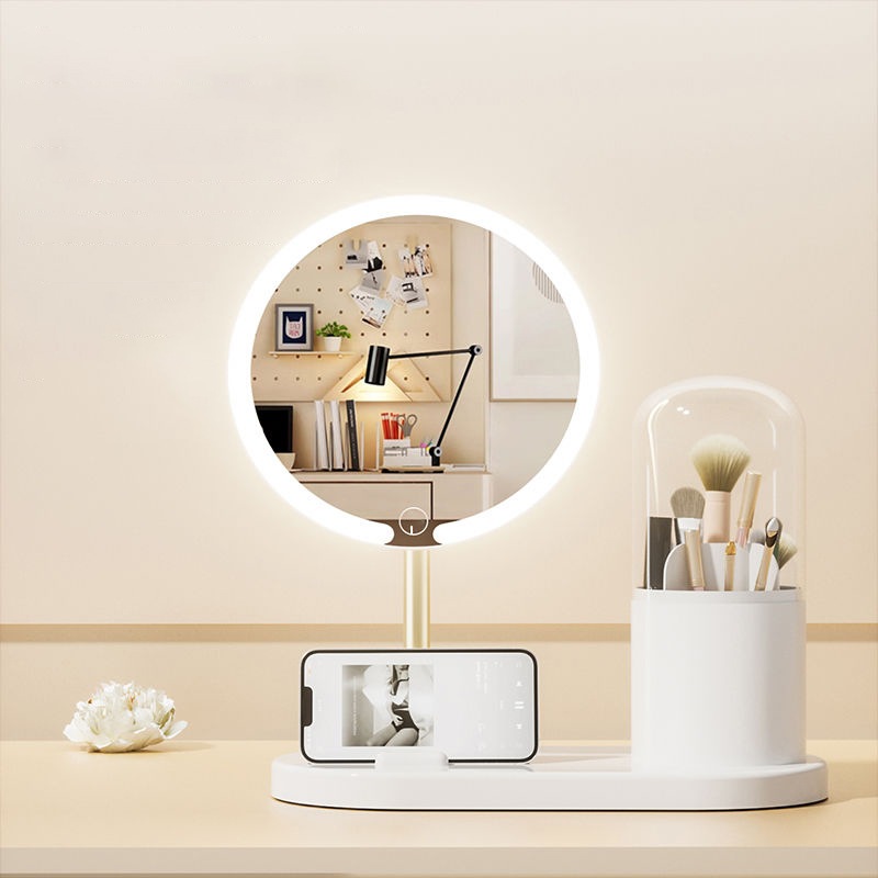 鏡　化粧鏡　メイクミラー　化粧ミラー　女優ミラー　LED化粧鏡　化粧ブラシ入れ付き　携帯スタンド付き　選べる２色　卓上メイク用品収納　ミラー710