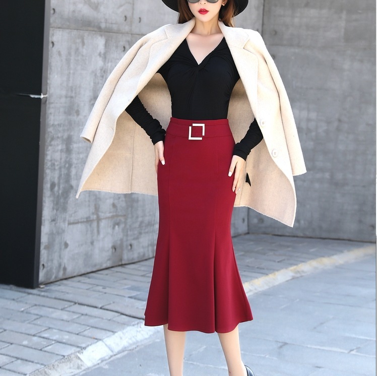 緩やかマーメイドライン ロング丈タイトスカート ハイウエストスカート エレガントカジュアル スカート ボトムス ロングスカート タイトスカート 膝下 ロング ロング丈 7分丈 ミディアム丈 スリム