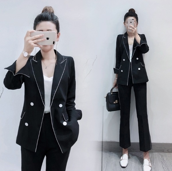 セット ジャケット クロップドパンツ 長袖 ピークドラペル デザイン ボタン トリム 美ライン ラインデザイン 2点セット ツーピース お得 2点セット スタイルアップ セレブファッション エディター