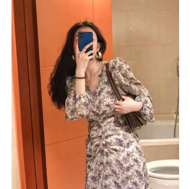 ワンピース 長袖 パフスリーブ Vネック スリム デザイン ギャザー 美ライン ニュアンス ワッフル ドラマチック ロマンチック かわいい 大人可愛い きれいめ シンプル カジュアル 大人 上品