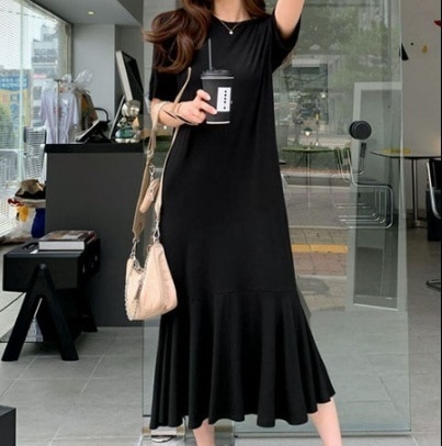 ワンピース ロング丈 袖あり 半袖 クルーネック セミフレア デザイン 美ライン ニュアンス ペプラム 伸縮性 ストレッチ ロマンチック かわいい 大人可愛い きれいめ シンプル カジュアル 大人 5,528円