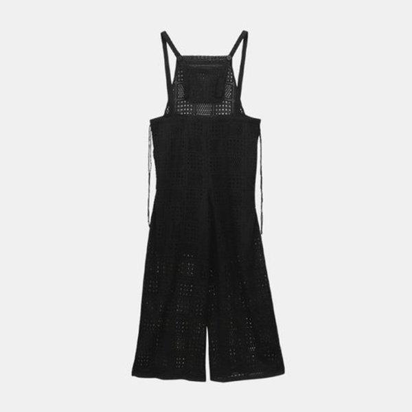 女性ジャンプスーツ 長さ調節 クロシェ サロペット 穴あきワイド...