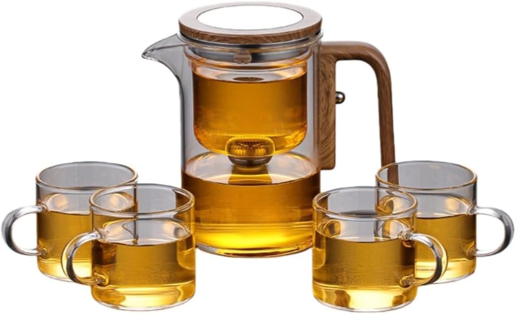 WQNBマジックガラスティーポット 木製ハンドル付き 茶こし一体型 圧力制御半自動 急須 耐熱 ガラス製 お茶好き向け ギフト プレゼント 贈り物 おしゃれ インテリア用 (800ml + 4カップ