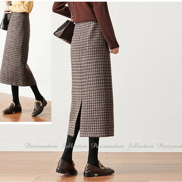 最終在庫千鳥格子タイトスカート　長め　ロングタイト　後ろスリット　膝下丈　ブラウン系　ほっそり効果大 20代30代40代50代60代　ミセス 5,241円