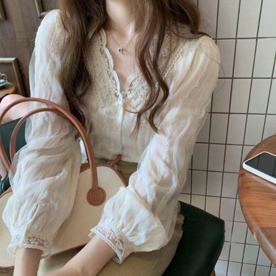今っぽシアーシャツ 韓国ファッションッ インナー Vネック レース UVカット長袖ブラウス 春新作 シフォンブラウス レディース シャツ