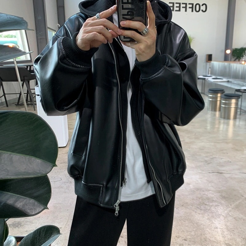 韓国大きいサ野球服イズ ビジネス 百掛け PU皮ジャンパー メンズ無地トップス ライダース春秋アウターパーカーフェイクレイヤードQYYF119