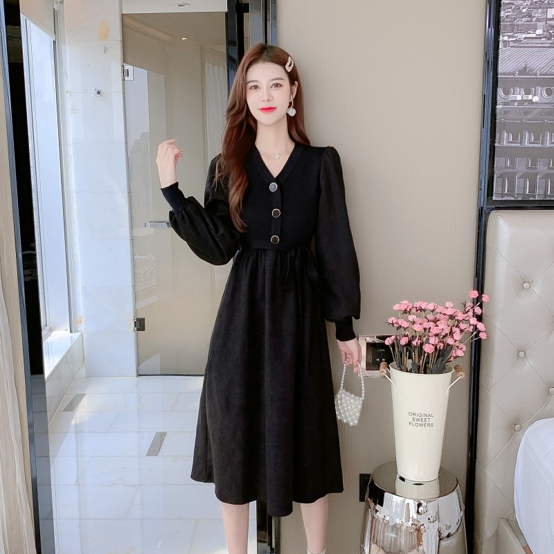 レトロ無地ウールフェイクツーピースネックベルトゴムウエスト着痩せラインスカート