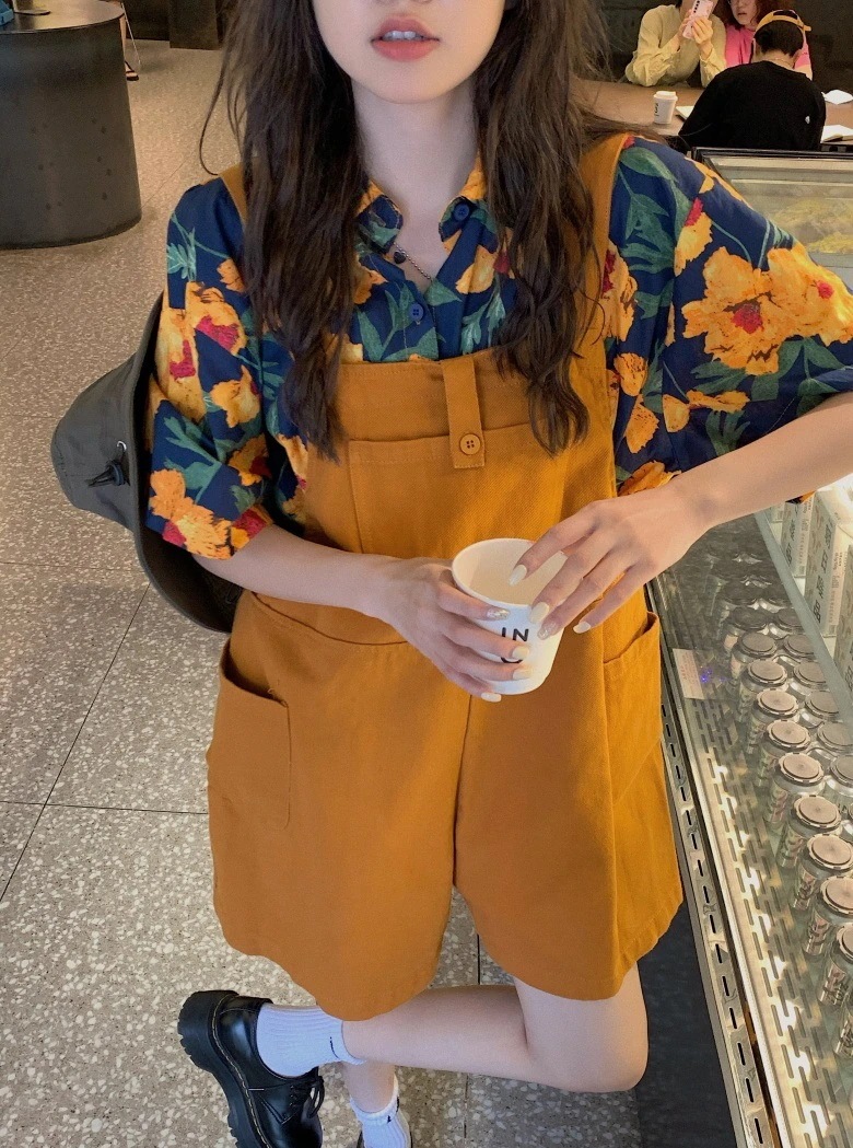 セットアップ レディース オレンジ サロペット ショート ワイド ポケット ハイウエスト シャツ 半袖 5分袖 黄色 花柄 ゆったり 楽ちん ガーリー かわいい お洒落 着回し 上下セット ワンサイズ 6,073円