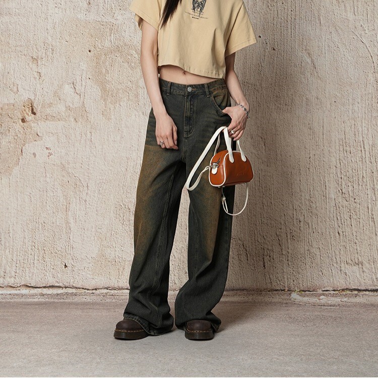 パンツ ボトムス レディース デニム Gパン ワイドパンツ バギーパンツ フルレングス ワイド ストレート ストリート ファスナー ポケット ボタン ヴィンテージ ダメージ ウォッシュ デニム