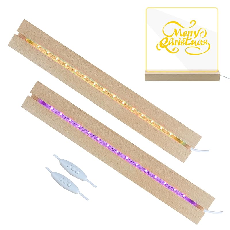 2個11.81インチ木製LEDライト表示ベース木製長方形LEDライトアクリルと有機ガラス表示台座USBスイッチ付き夜間LEDスタンド (カラー)