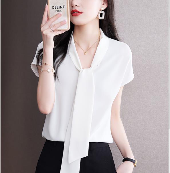 シャツ レディース 半袖 OL通勤風 上品 マルベリーシルクトップ リボンリボンシャツ シャツ