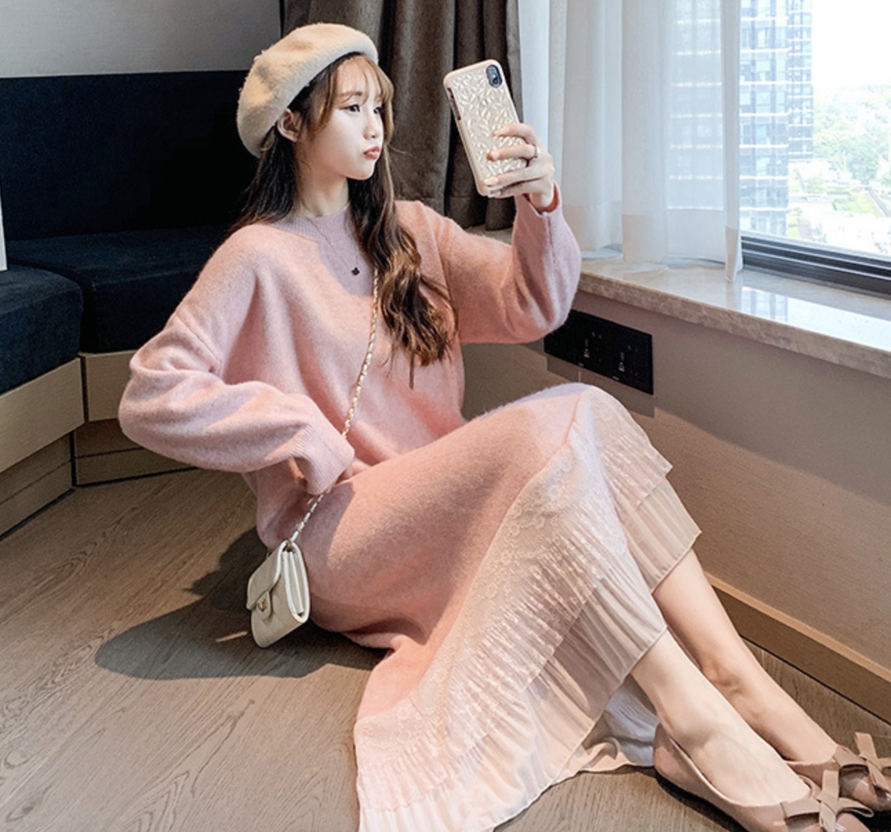 ワンピース ニットワンピース ミモレ丈 ロング丈 袖あり 長袖 ドロップショルダー 萌袖 ラウンドネック ワイド Aライン ドッキング シフォン 伸縮性 ニット かわいい 大人可愛い シンプル