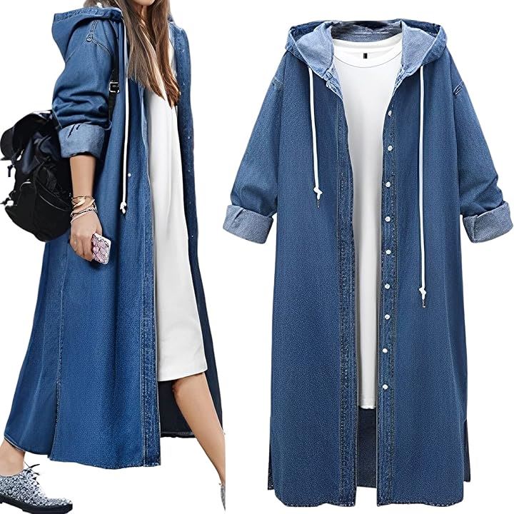 フード付き 長袖 デニムコート レディース ロングコート デニムジャケット スプリングコート( ダークブルー, L) 5,378円