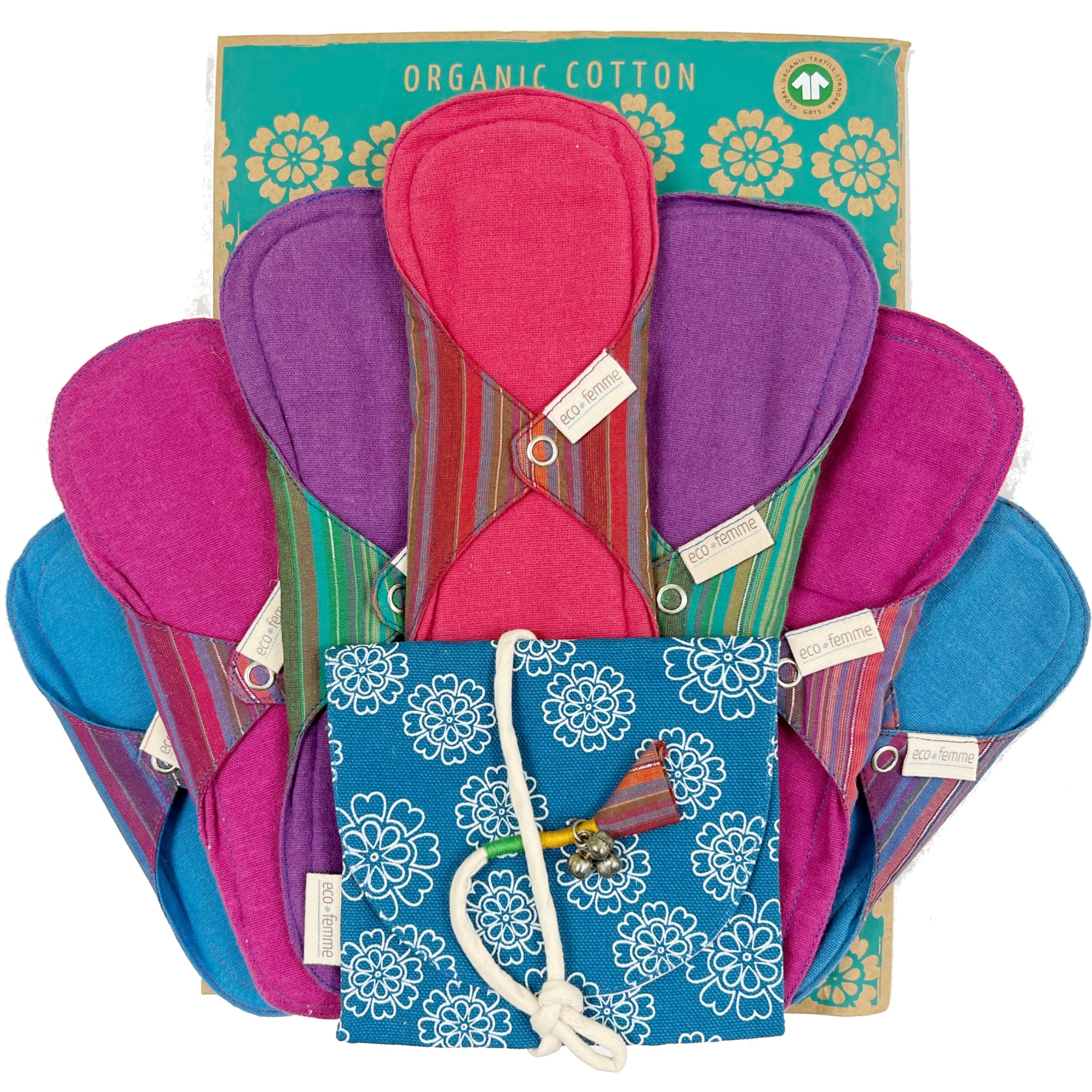 南インド「Eco Femme」布ナプキン 洗えるオーガニックコットン(肌面色付き）-フルサイクルキット（7枚+キャリーポーチ1個付）GOTS認定