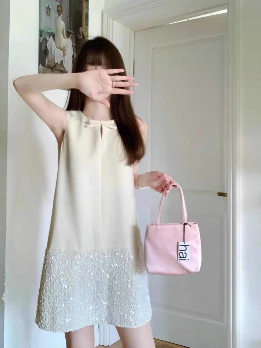 韓国リボンスパンコールノースリーブワンピース夏スリム気質セレブタンクトップドレス