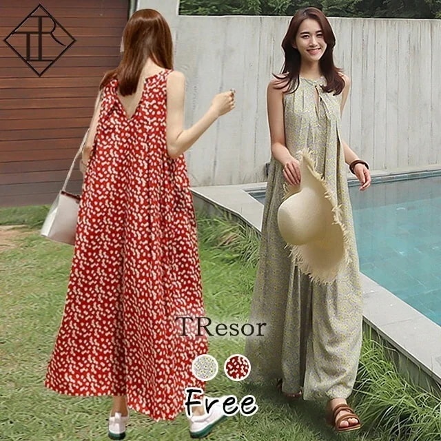 【即納】オールインワン カジュアル セットアップ レディース パンツドレス 上下セット ロング丈 ｖネック ノースリーブ ワイドパンツ 花柄 リゾート 旅行 お出かけ ゆる