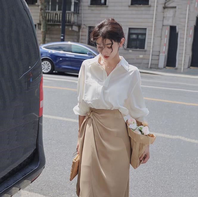 シャツワンピース ワンピース レディース 2点セット シャツ＋不規則スカート 大人 通勤 可愛い シ