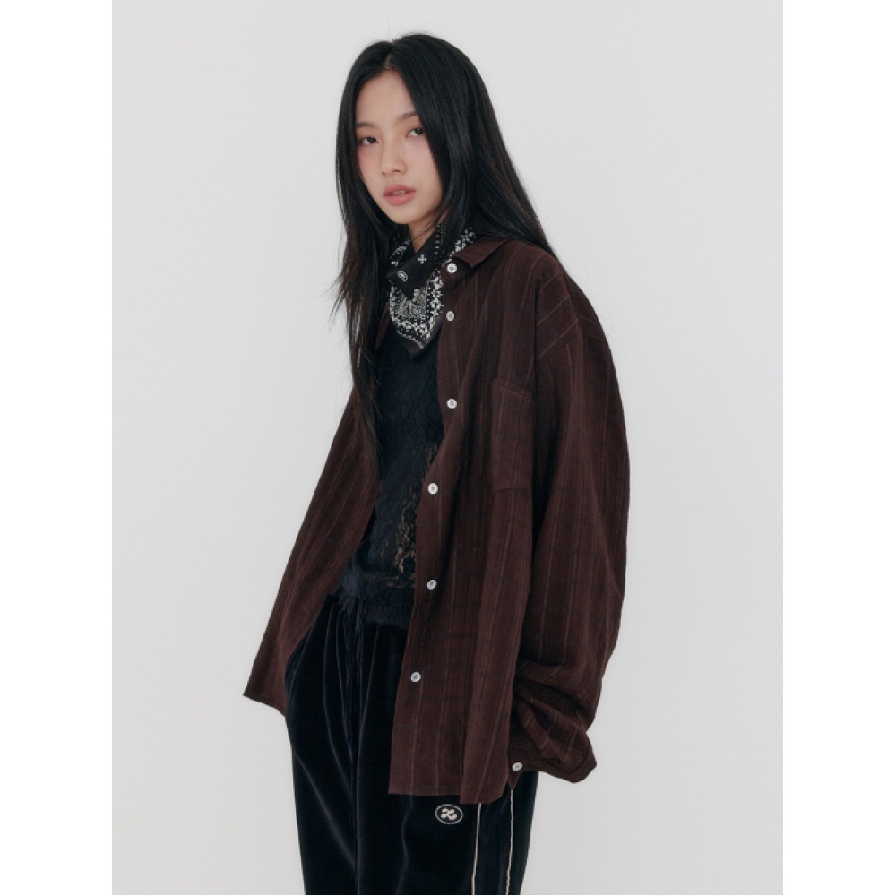 ZEEZEEZEE オーバーフィットチェックシャツ（ブラウン）