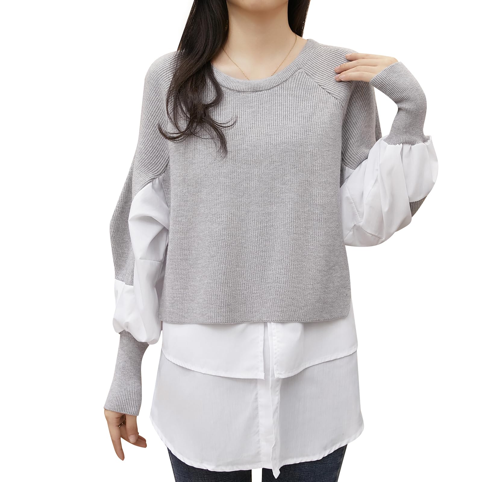 [ANCKDOCE] レディースセーター ニットドッキング ブラウス ふんわり レイヤード 風 プルオーバー セットアップ オフィスカジュアル カットソー ファッション レディース トップス 長袖 無