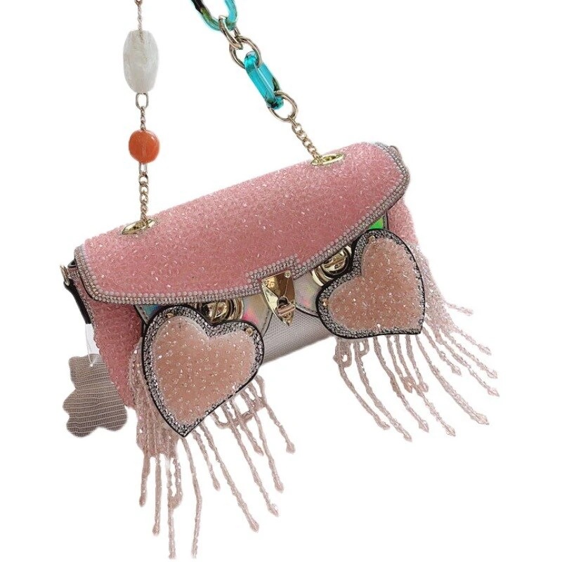 ピンクのフクロウバッグフリンジストーンマスクバッグフェイスバッグ交換ディナーバッグ小銭入れショルダー斜めバッグチェーンバッグ