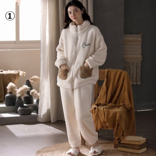 【取寄：納期2週間】ルームウェア レディース パジャマ おうち服 ナイトウェア ホームウェア 部屋着 寝巻き 前開き 厚手 冬 長袖長ズボン 2点セット 上下セット ツーピース リラックス ゆったり