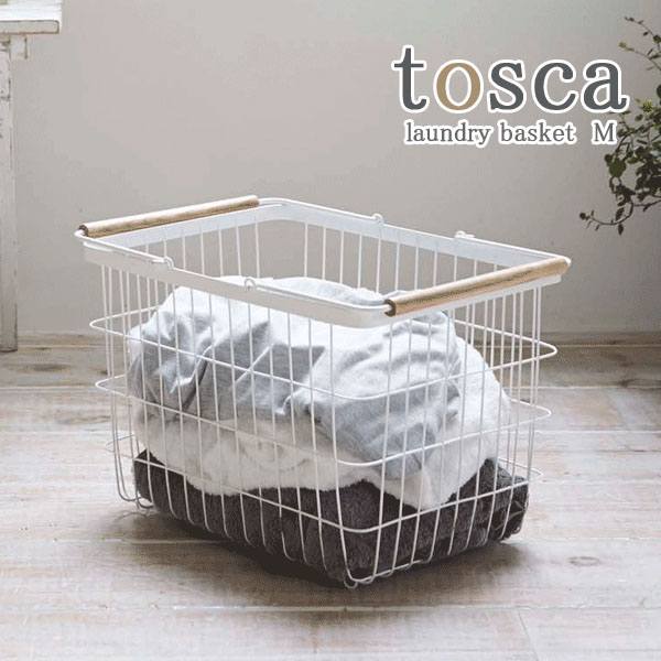 ランドリーバスケット 洗濯かご 洗濯籠 カゴ スチール 天然木製 Mサイズ トスカ 白 ホワイト
