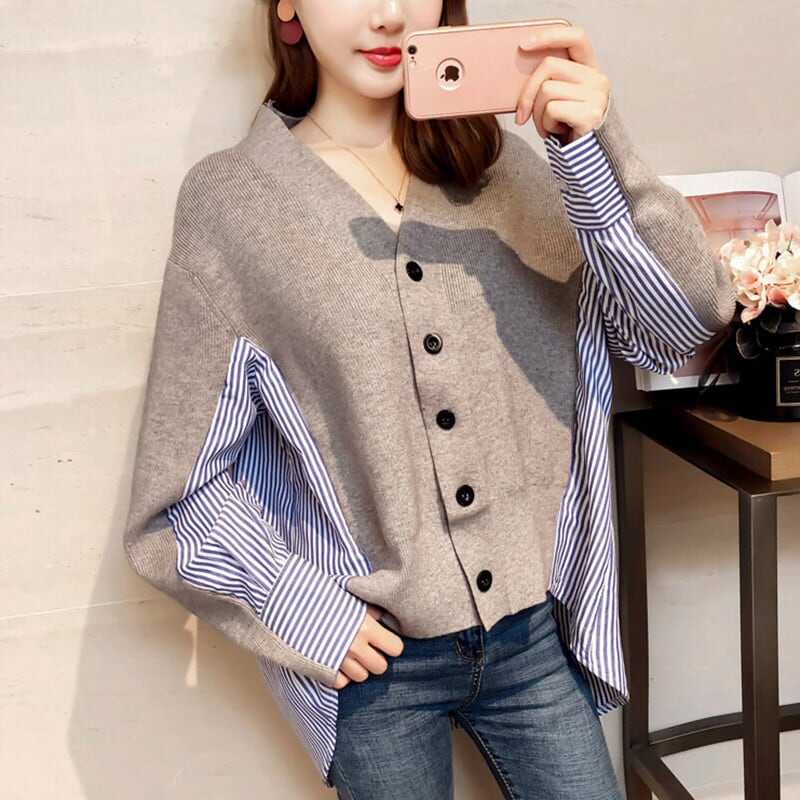 個性的 トップス シャツ ニットソー セーター 袖あり 長袖 Vネック ドッキング 切り替えデザイン ドッキング ニット かわいい 大人可愛い シンプル カジュアル 大人 おしゃれ お洒落 wto04