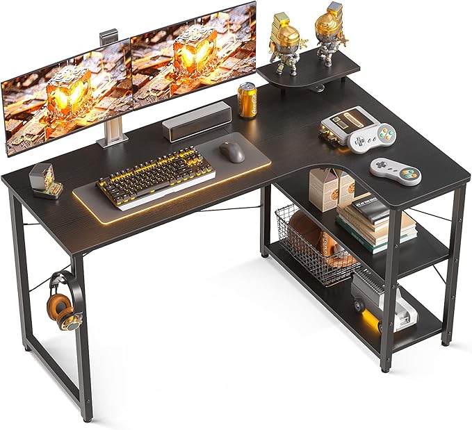 ゲーミングデスク パソコンデスク 幅130 l字デスク デスク 机 pcデスク desk 棚付き オフィスデスク ワークデスク 在宅勤務 桌子 作業机 L字型 ゲームデスク 組立簡単 ブラック 右棚