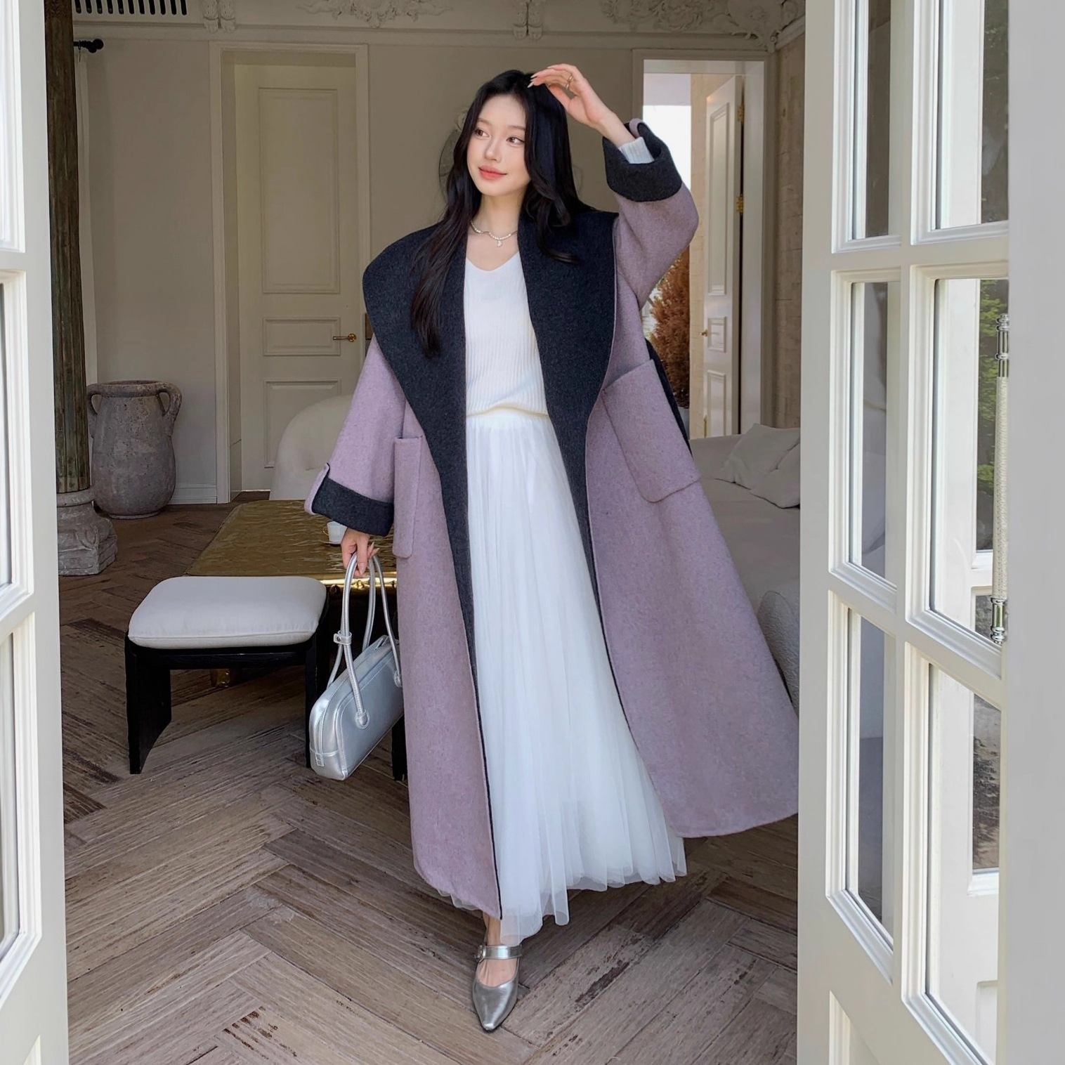 新型両面ウールコートラペルが大きく2色展開高級感がありエレガント厚手で暖かいカシミア韓国風