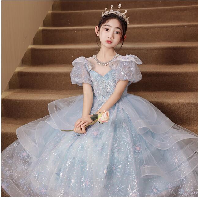 子供ドレス ブルー キラキラ ピアノ発表会 ドレス フラワーガールドレス 女の子ドレス 小学生 中学生 入園式 司会 ピアノ 演出 フォーマルドレス 発表会 結婚式 上質 ジュニアドレス ワンピース