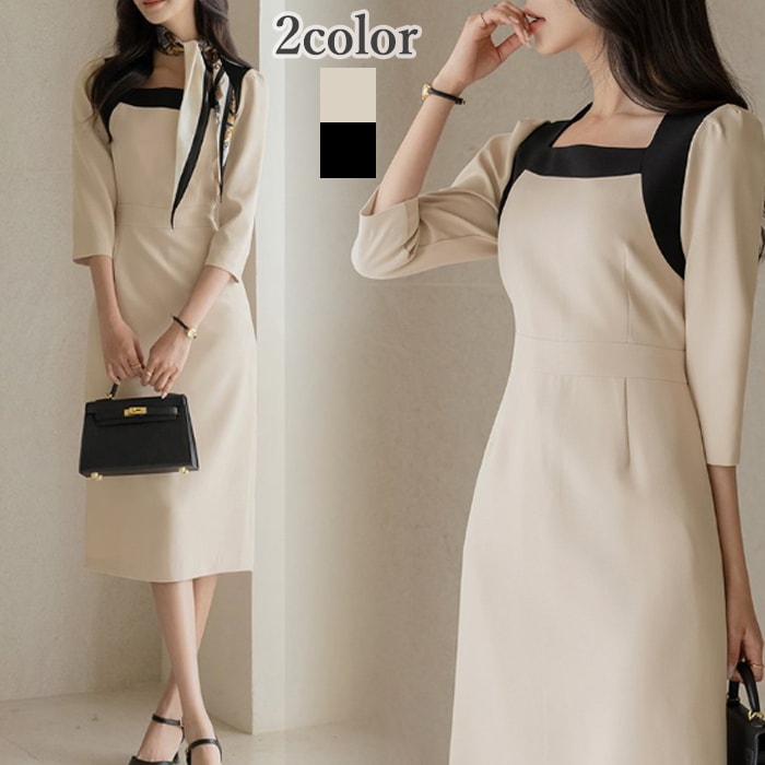 ワンピース 結婚式 秋冬 パーティードレス スリム バイカラー