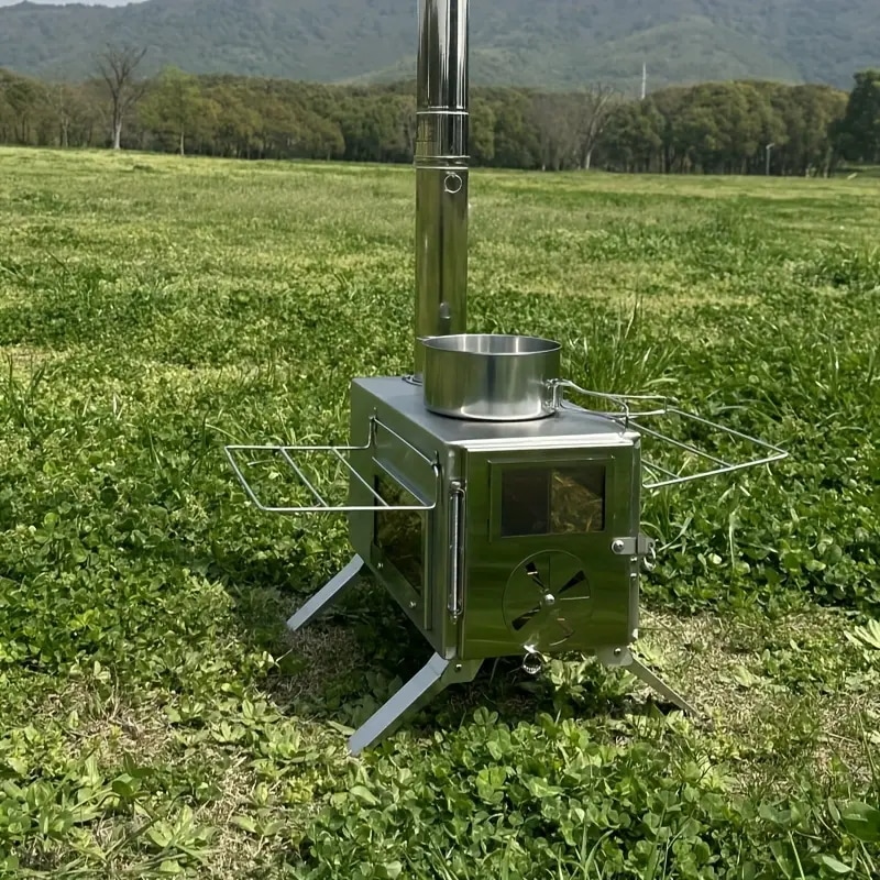 1個 ステンレス製携帯用キャンプストーブ視聴窓付き - コンパクトなアウトドア調理用具ハイキング・キャンプ・バックパッキングに耐久性のある構造折りたたみ式ピクニック＆BBQ用ポータブルキ