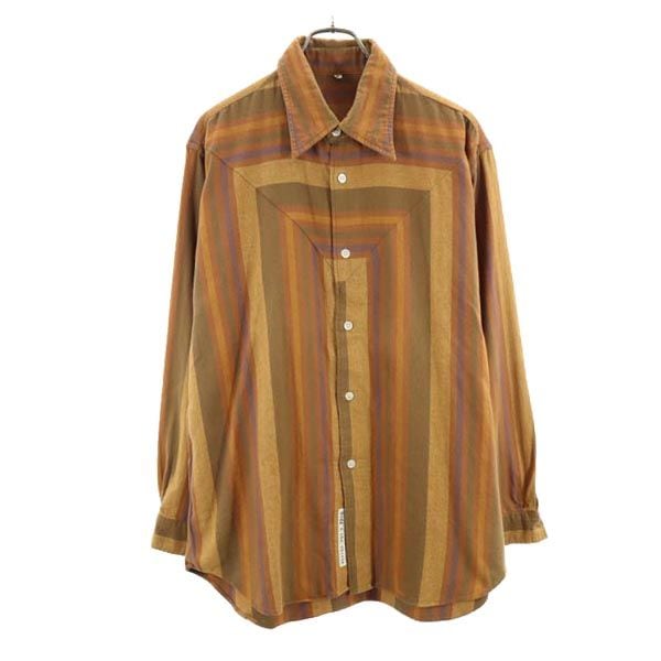 日本製 ヘリンボーン ストライプ 長袖 シャツ L ブラウン系 メンズ