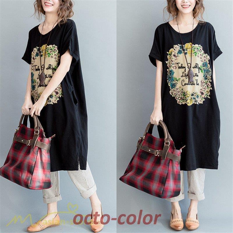 ロンTシャツ 半袖 レディース プリント ロング丈 ひざ丈 裾口スリット 韓国風 きれいめ カジュアルTシャツ カットソー トップス 着回し 体型カバー 着痩せ 夏服