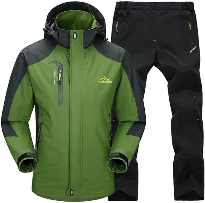 アウトドアジャケット 上下セット メンズ ウェア 登山服 マウンテンパーカー 多機能 防寒 防風 撥水(4.グリーン (速乾トレッキングパンツ), 2XL)