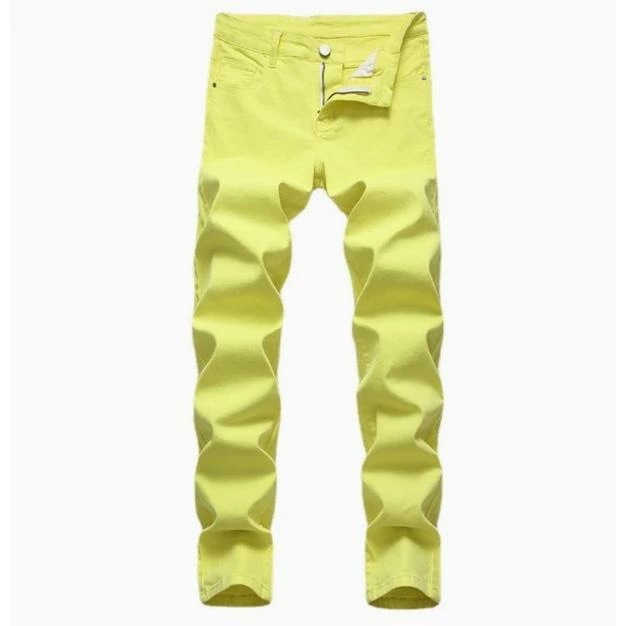 デニムパンツ ジーンズ メンズ ウォッシュ加工ジーンズ イエロー ズボン ストレッチパンツ 細身 ストレート ファッションジーンズ