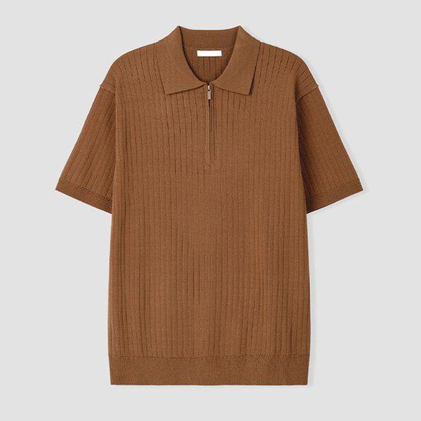 メンズハーフジップ リブ カラネック 半袖 ニットTシャツ AS-KNH-Q010-アンバーブラウン