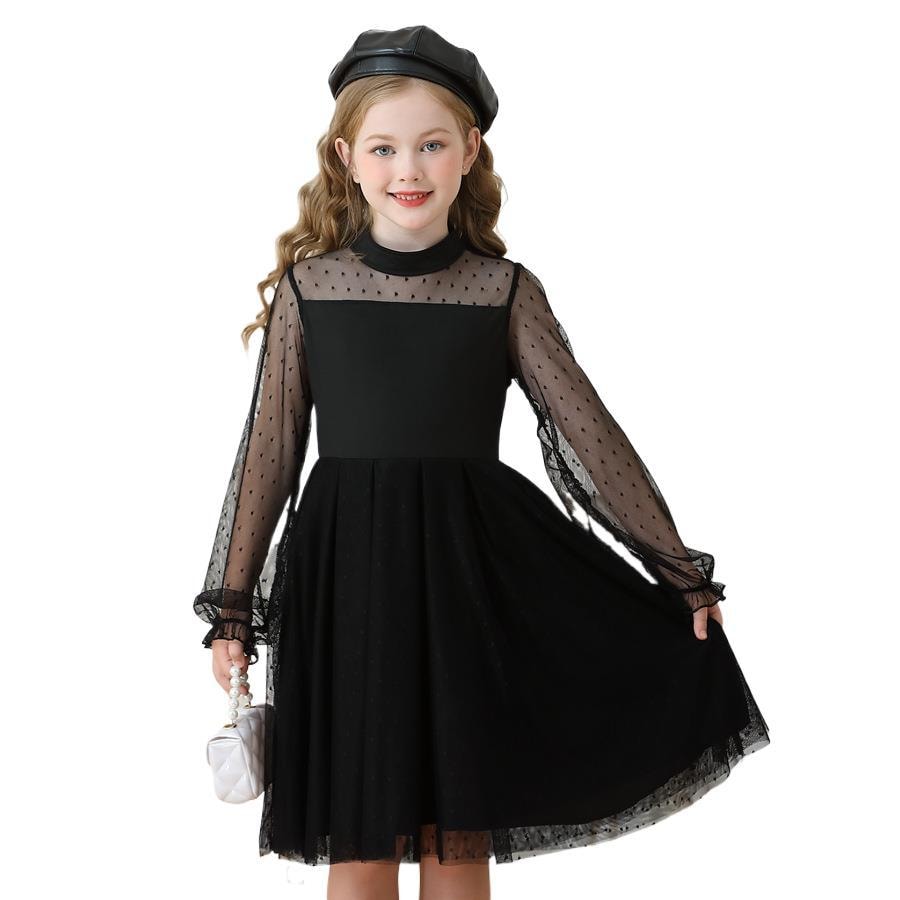 Amazon 国境を越えた長袖の女の子のドレスメッシュプリンセスドレス子供服レースパフォーマンスコスチュームパーティーブラックドレス