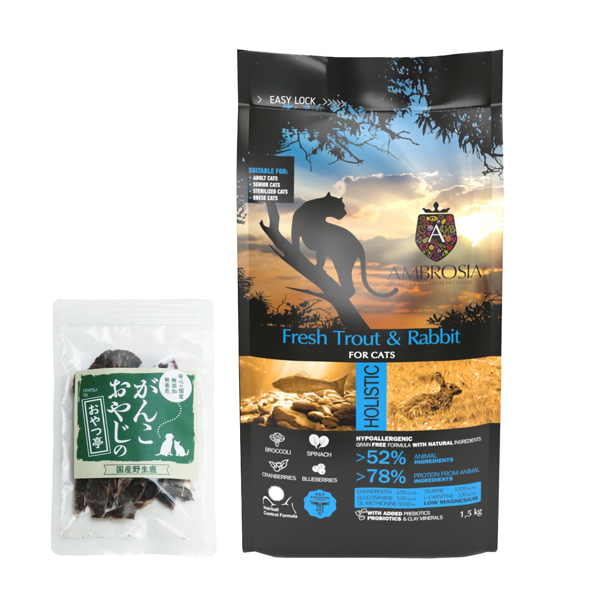 アンブロシア キャット トラウト＆ラビット 1.5kg【国産鹿肉ジャーキー付き(お試しサイズ)】