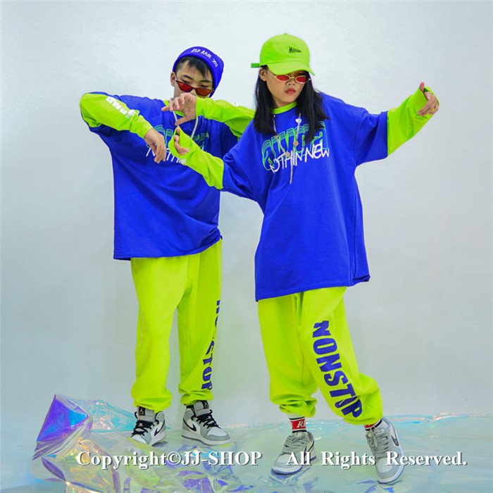 120-190cm 新作 蛍光緑 上下セットアップ レディース メンズ キッズ ダンス衣装 ヒップホ