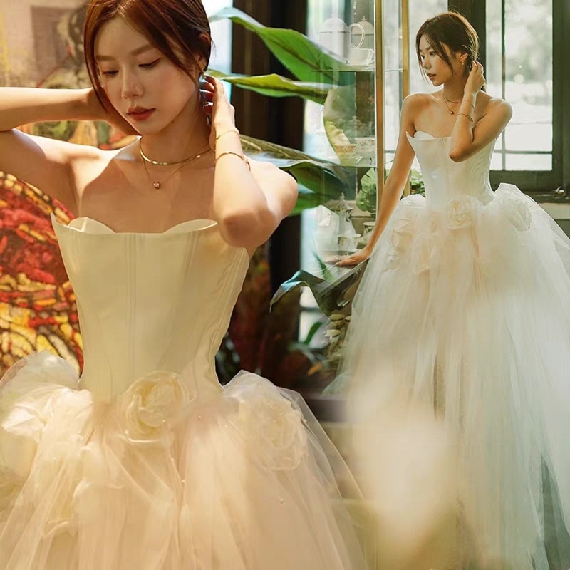 ウエディングドレス 白 Aラインドレス 結婚式 花嫁 挙式 二次会 レディース ロングドレス シャンペン レース プリンセスライン 撮影 編み上げ式 エンパイアライン トレーンライン ブライダル