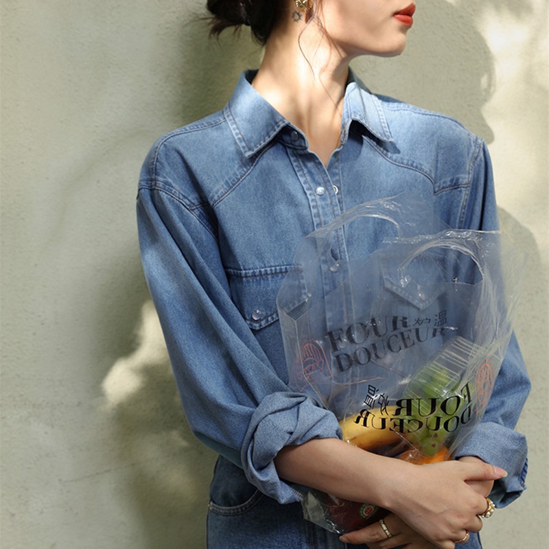 デニムシャツ トップス シャツ ブラウス シンプル カジュアル ブルー 青 レギュラー丈 袖あり