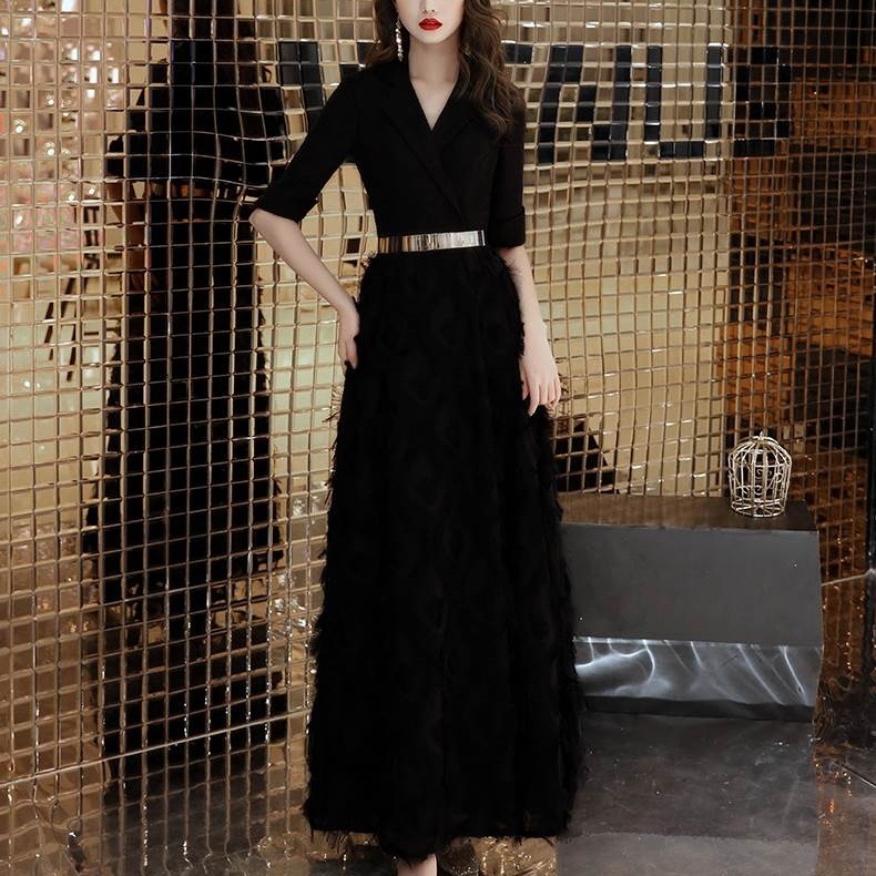 ドレス 衣装 イブニングドレス 7分袖 Vネック ウエストベルト ロングドレス ロング丈 切り替えデザイン セミフレア ステージドレス 発表会 かわいい 大人可愛い きれいめ シンプル 上品 おしゃれ