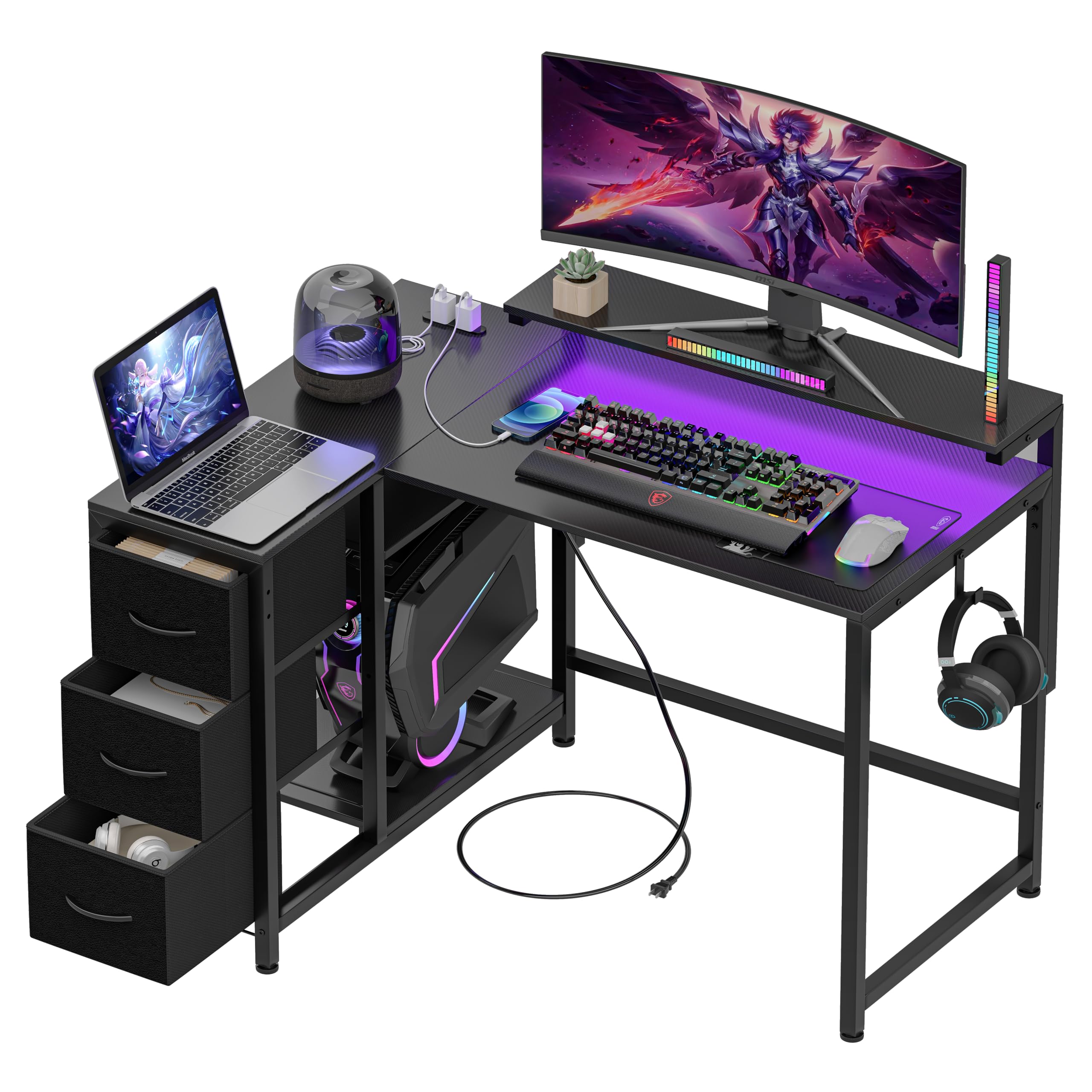 パソコンデスク 幅108奥行80高さ85-108.5cm テレワーク L型デスク・左右組み換え自由 モニタ台の高さ調節可能 引き出しとコンセント付き 収納たっぷり ゲーミングデスク 81571