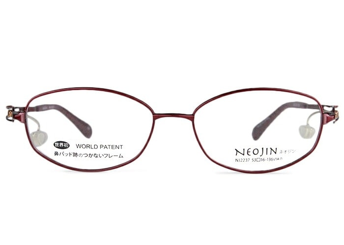ネオジン NEOJIN nj-2237 c.10 ワインレッド 鼻パッドなし サイドパッド 多角形 日本製 チタン チタニウム メガネ ノーズパッドなし めがね 眼鏡 レディース