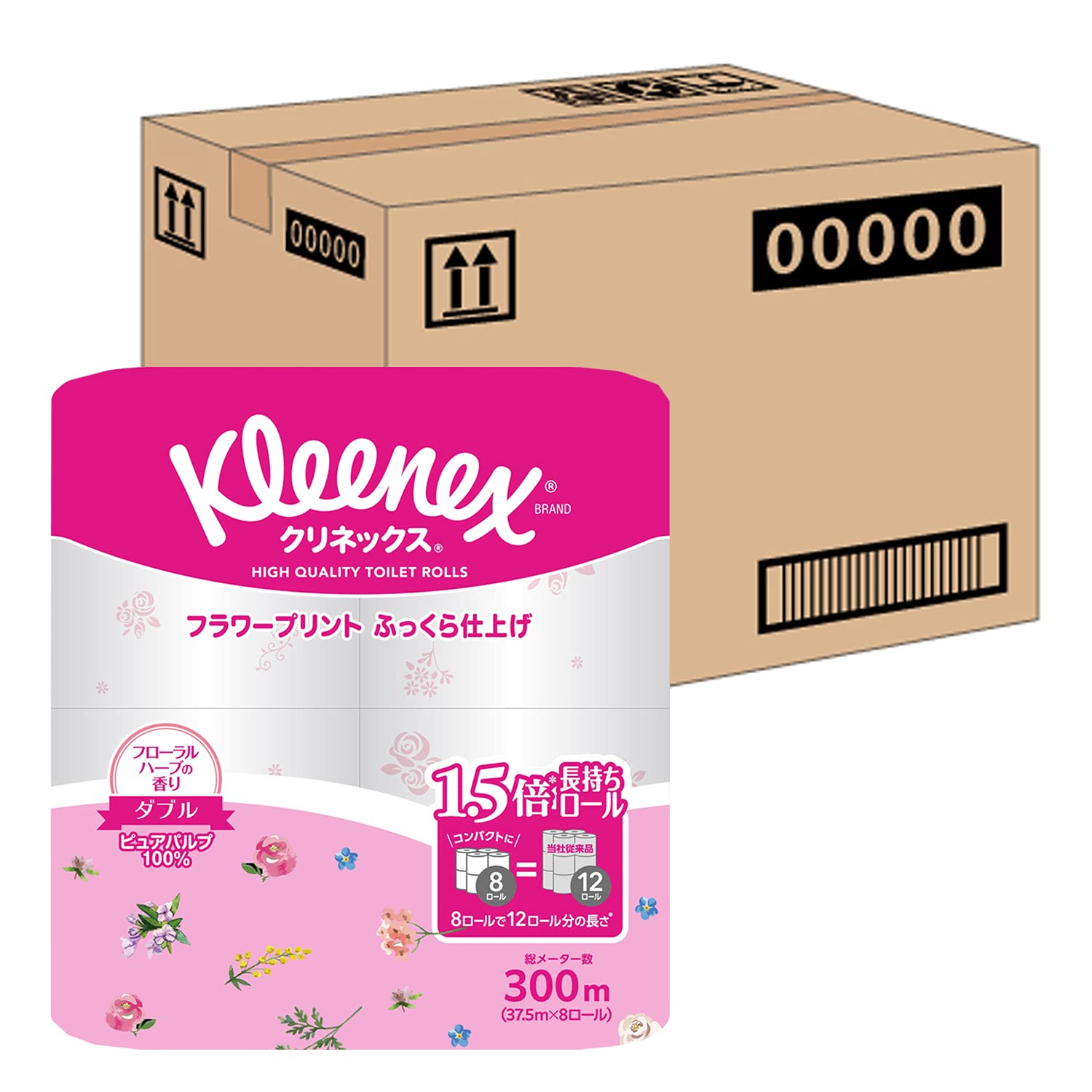 【ケース販売】 クリネックス プリント 長持ち(8ロールで12ロール分)トイレット 37.5mダブル フローラルハーブの香り ×8パック入り