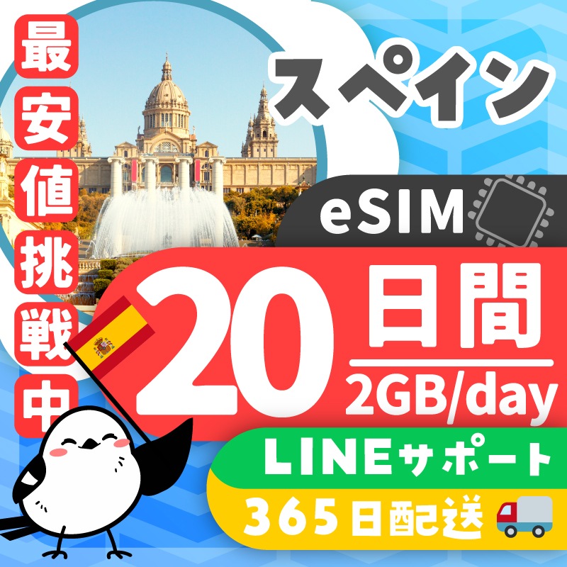 【スペインeSIM】簡単設定／使用日数：２０日間／データ容量：２GB（day）／有効期限90日／最短即日発行／パスポート番号不要／データ通信専用