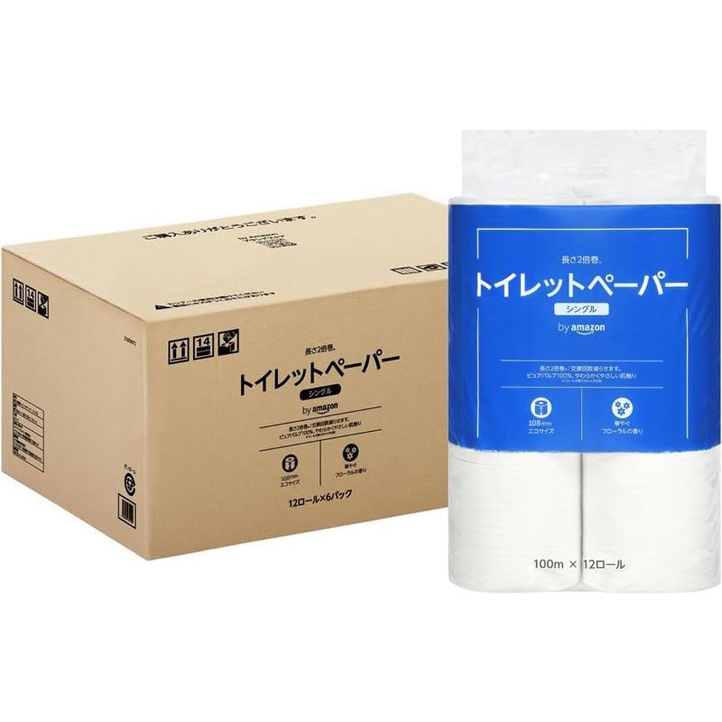 by Amazon トイレットペーパー 長さ2倍巻 100m x 72ロール(12ロール×6パック) シングル (12ロールで24ロール分) フローラルの香り 【ケース販売】