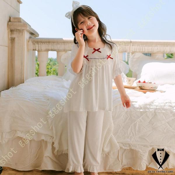 女の子 半袖 パジャマ セットアップ ガールズ ルームウェア トップス+パンツ 上下２点セット 女児 ナイトウェア 子供服 キッズホームウェア お姫系 部屋着 綿